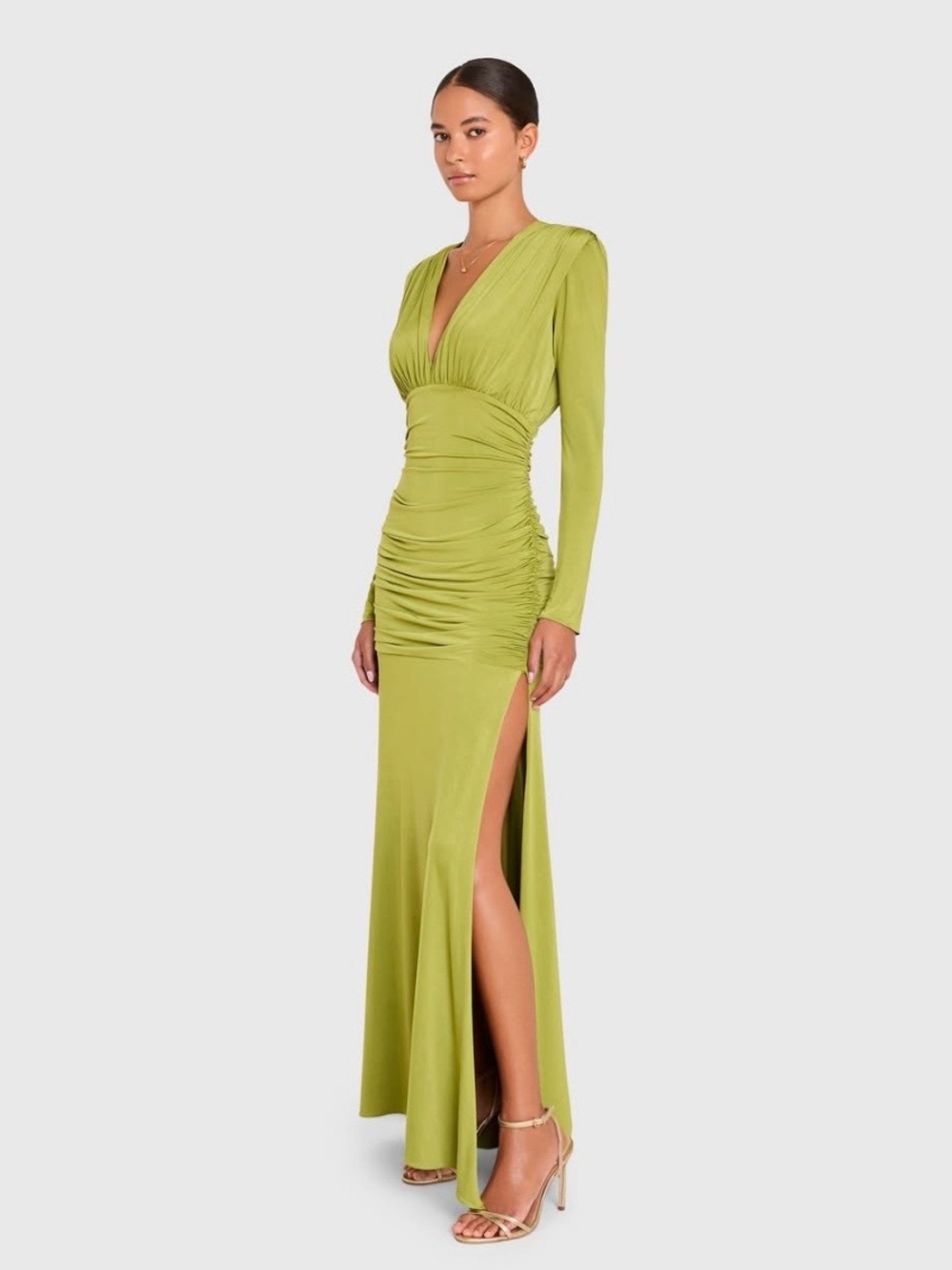 NEW AMANDA UPRICHARD Eva Gown Palmetto Green Long Sleeve Ruched Size XS